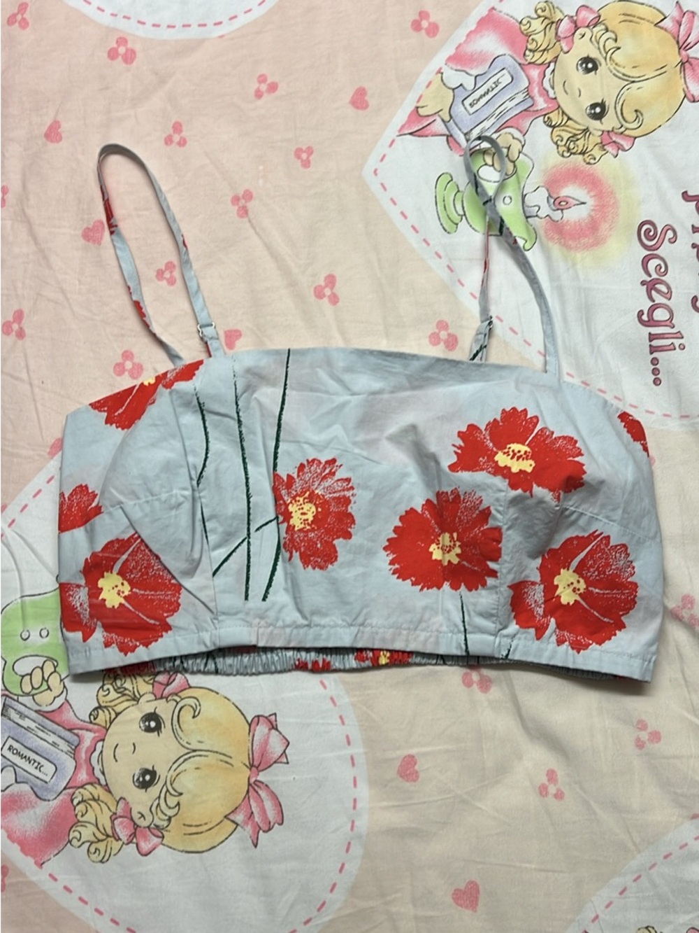 Obey light blue and red sleeveless crop top